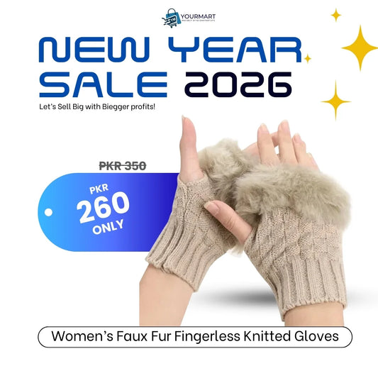 Women’s Faux Fur Fingerless Knitted Gloves | Warm Winter Hand Wrist Warmers | Soft, Stylish & Comfortable | Beige