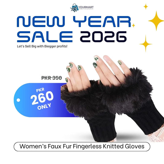 Women’s Faux Fur Fingerless Knitted Gloves | Warm Winter Hand Wrist Warmers | Soft, Stylish & Comfortable | Black