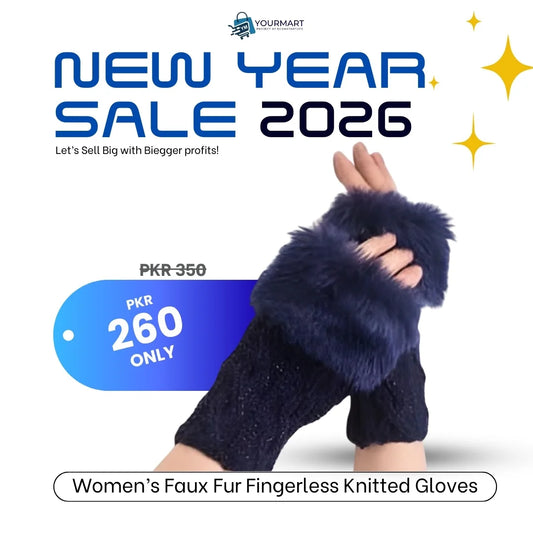 Women’s Faux Fur Fingerless Knitted Gloves | Warm Winter Hand Wrist Warmers | Soft, Stylish & Comfortable | Blue
