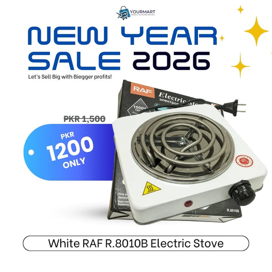 White RAF R.8010B Electric Stove Hot Plate and Cooker with 1000W Power, Thermostat, and Uniform Heating